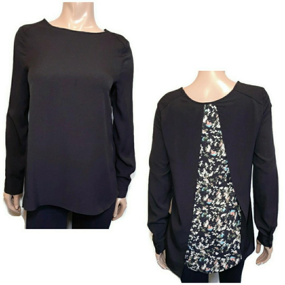 Paraphrase Split Back Long Sleeve Floral Blouse Womens Size Small Black Top